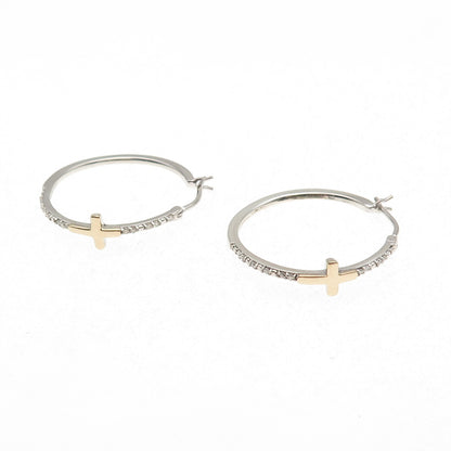 Sun 925 Sterling Silver 10K Gold Real Round-Cut Diamond Cross Hoop Earrings