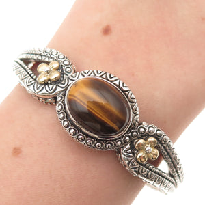 Barbara Bixby Sterling Silver 18K Gold Real Tiger Eye Adjustable Bracelet 6.5"