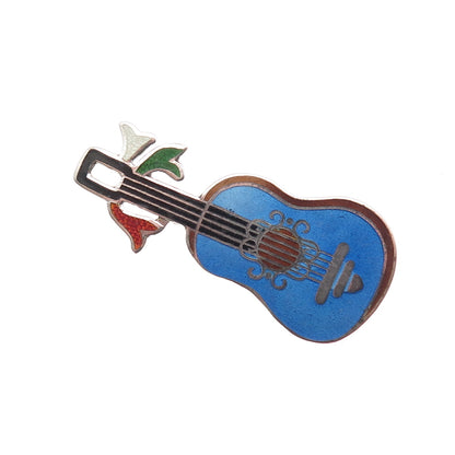 Jeronimo Fuentes 925 Sterling Silver Vintage Mexico Enamel Guitar Pin Brooch