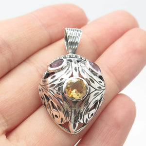 925 Sterling Silver Vintage Real Citrine & Amethyst Gemstone Pendant