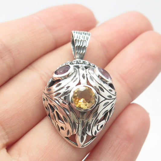 925 Sterling Silver Vintage Real Citrine & Amethyst Gemstone Pendant
