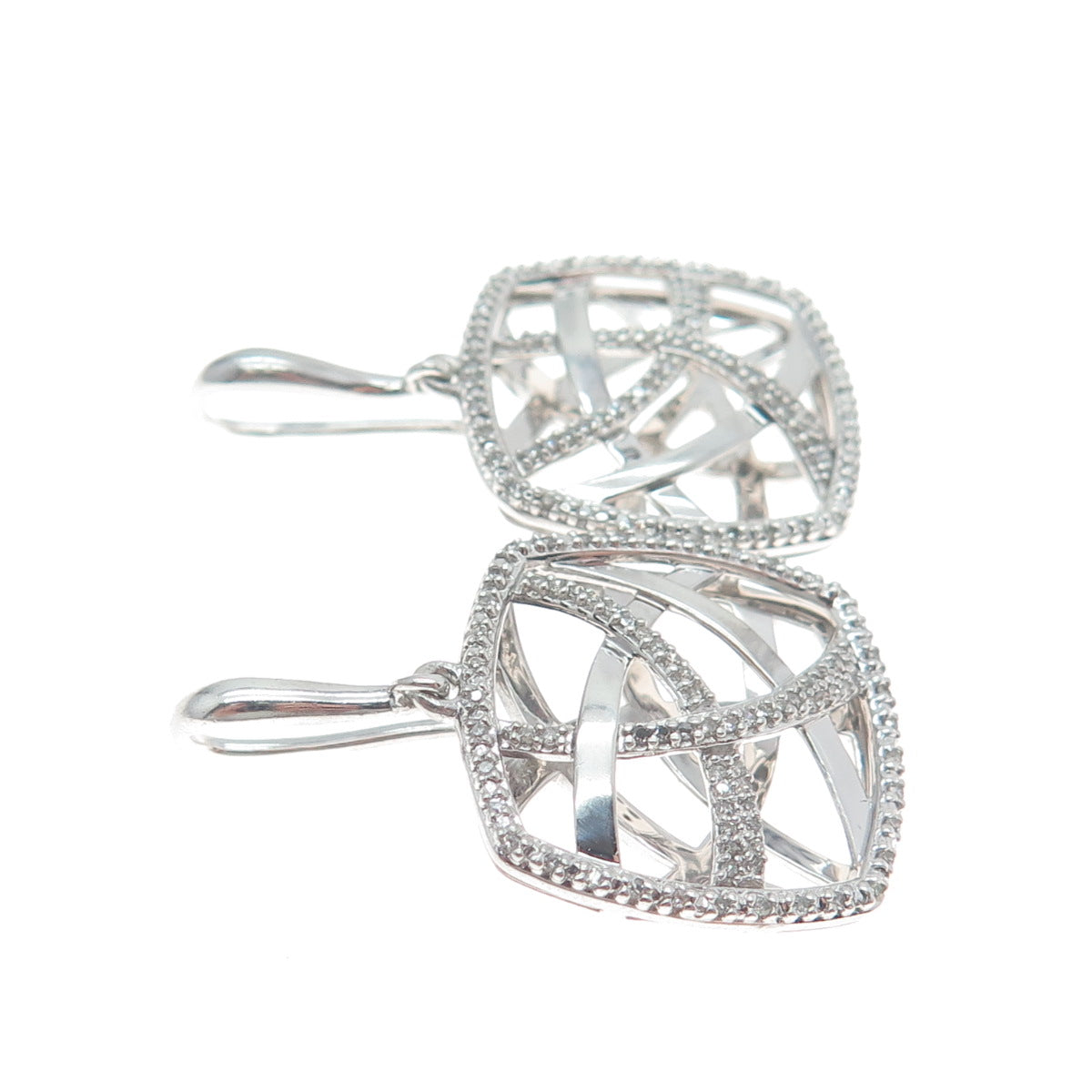 925 Sterling Silver Real Round-Cut Diamond Modernist Ornate Dangle Earrings