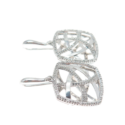 925 Sterling Silver Real Round-Cut Diamond Modernist Ornate Dangle Earrings