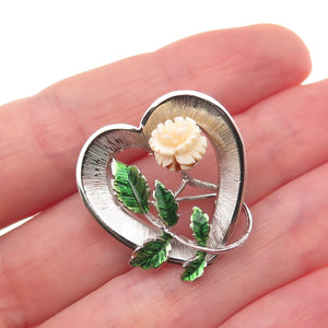 Beau 925 Sterling Silver Vintage Enamel Rose Heart Pin Brooch
