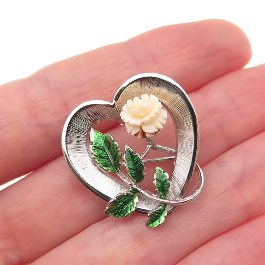 Beau 925 Sterling Silver Vintage Enamel Rose Heart Pin Brooch