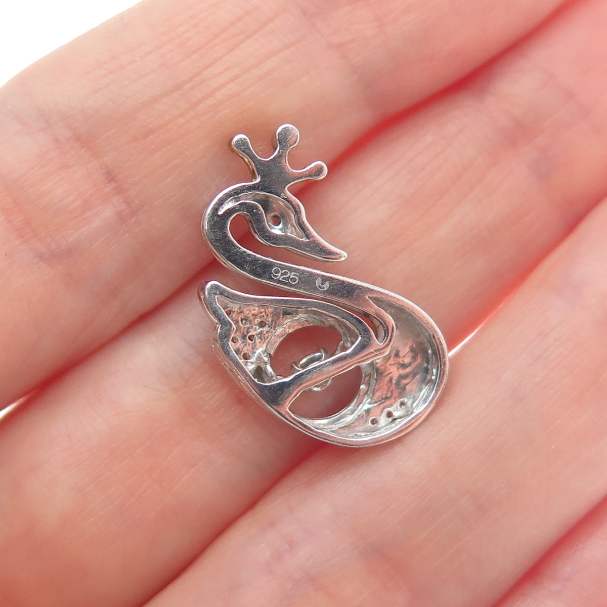 925 Sterling Silver 2-Tone Round-Cut Shaped C Z Swan w/Crown Slide Pendant