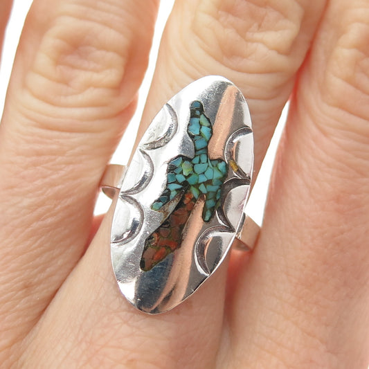 Old Pawn 925 Sterling Silver Vintage Turquoise Coral Inlay Peyote Ring Size 9.75