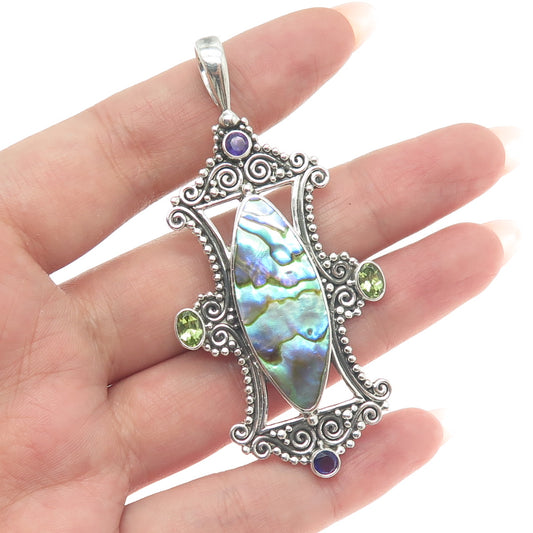 SAJEN 925 Sterling Vintage Abalone Shell Peridot & Amethyst Gem Ornate Pendant