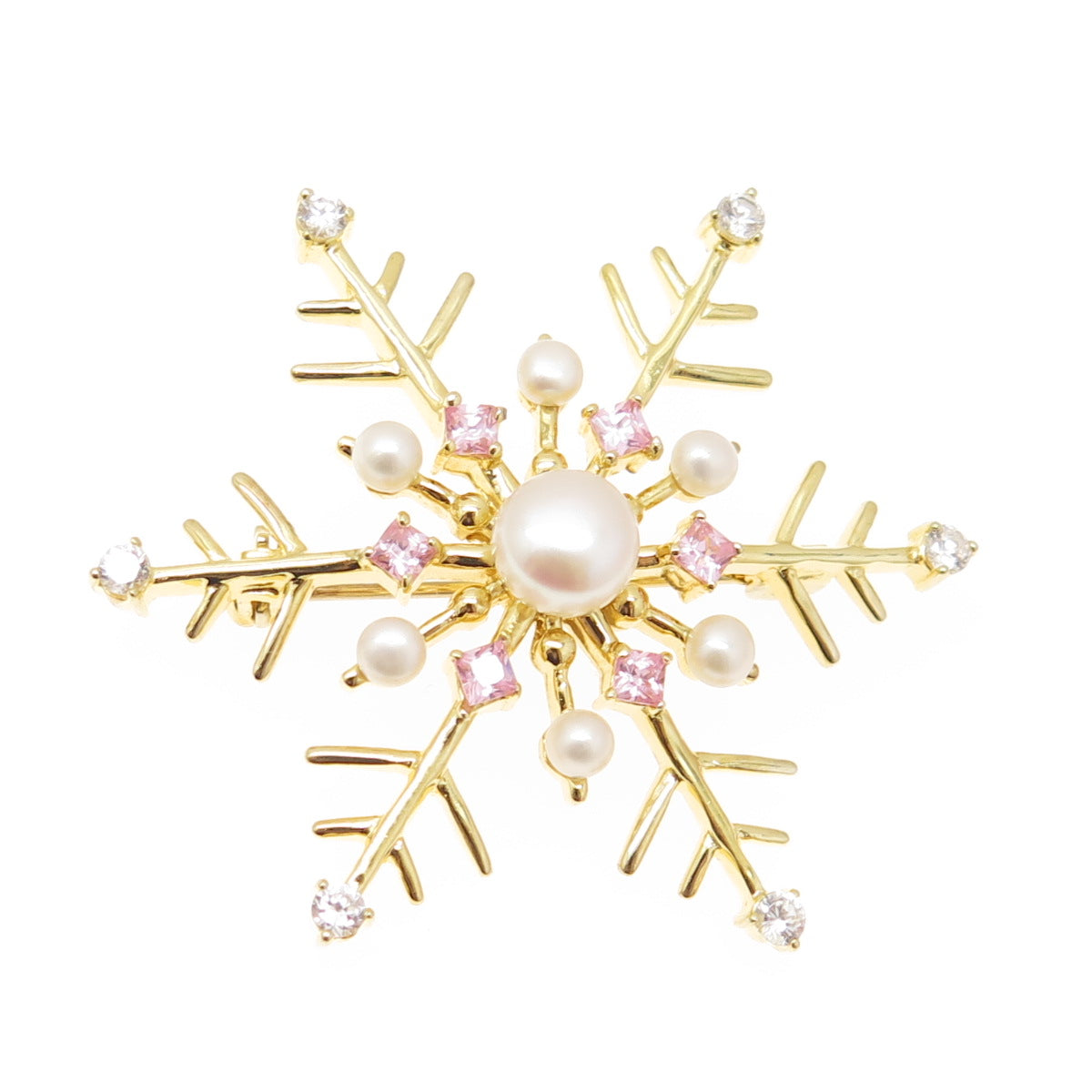 925 Sterling Silver Gold Plated Real Pearl & Pink C Z Snowflake Pin Brooch