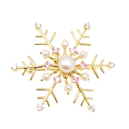 925 Sterling Silver Gold Plated Real Pearl & Pink C Z Snowflake Pin Brooch