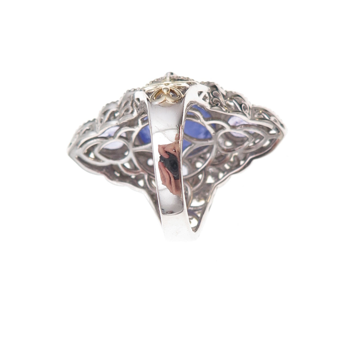 925 Sterling Silver 2-Tone Real Tanzanite Carved Floral Ring Size 8.25