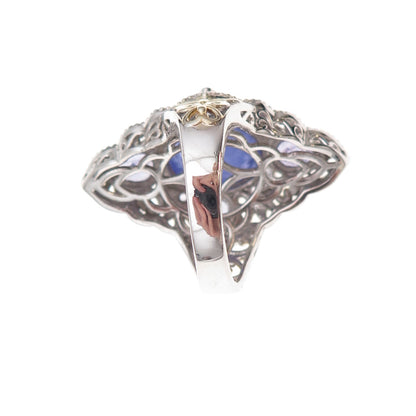 925 Sterling Silver 2-Tone Real Tanzanite Carved Floral Ring Size 8.25