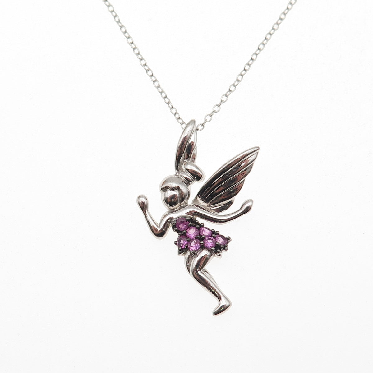 Sun 925 Sterling Silver Real Pink Sapphire Tinker Bell Cable Necklace 18"