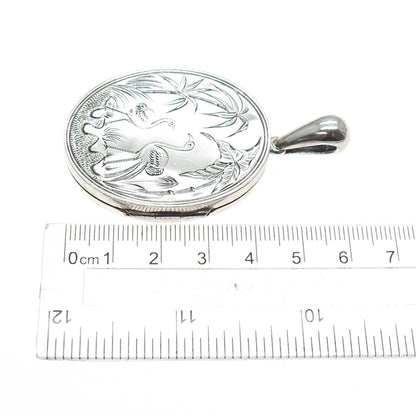 925 Sterling Silver Antique Victorian Engraved Flamingo Locket Charm Pendant