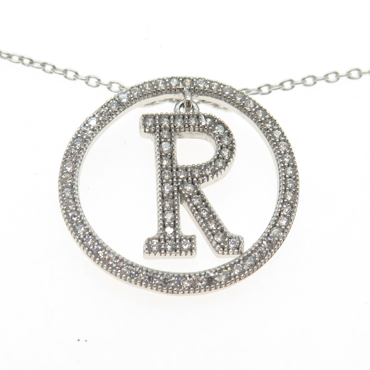 925 Sterling Silver Pave C Z Letter "R" Initial Rolo Chain Necklace 18"