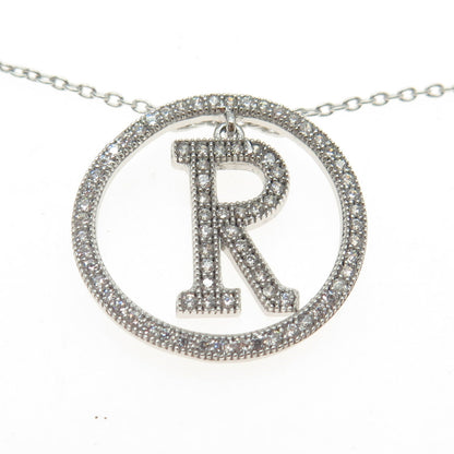 925 Sterling Silver Pave C Z Letter "R" Initial Rolo Chain Necklace 18"