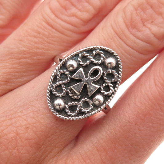 925 Sterling Silver Vintage Mexico Egyptian Ankh Oxidized Ring Size 8