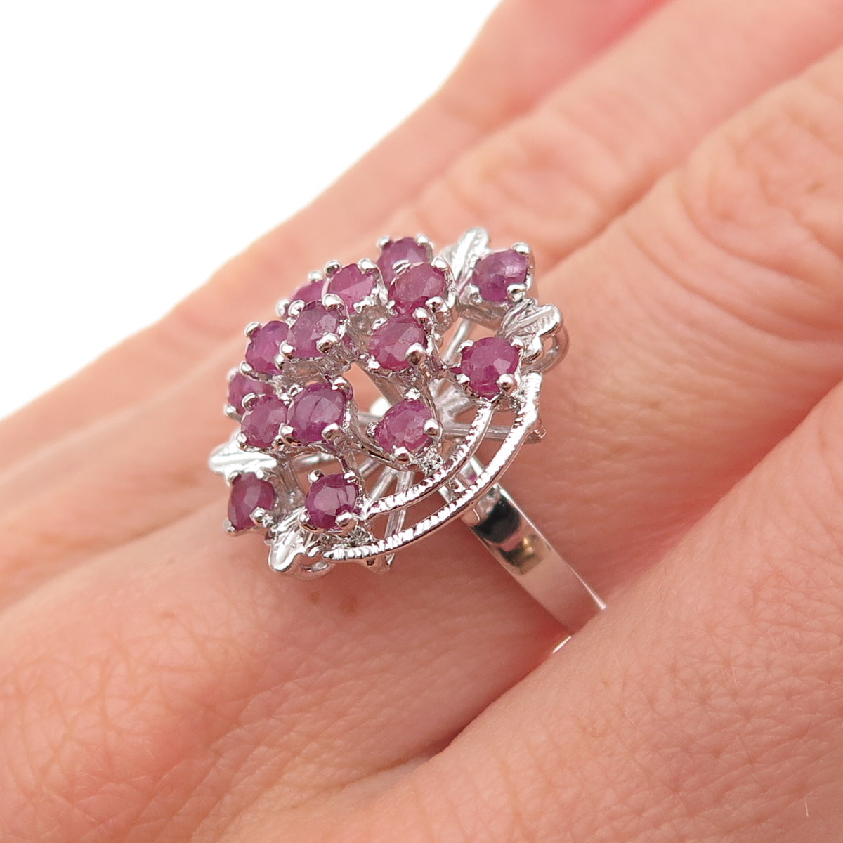 925 Sterling Silver Antique Art Deco Real Round-Cut Ruby Ring Size 6.5