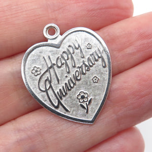 LAMODE 925 Sterling Silver Vintage Happy Anniversary Heart Tag Charm Pendant