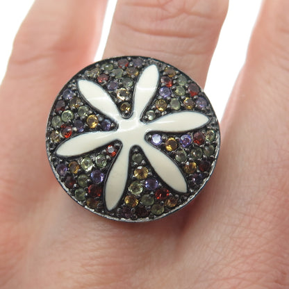 925 Sterling Silver Black Rhodium Enamel Real Multi-Sapphire Ring Size 7.25