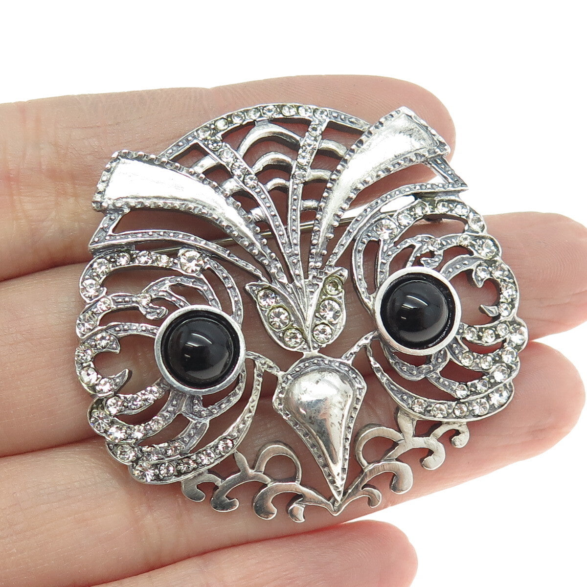 METROPOLITAN MUSEUM OF ART 925 Sterling Silver Vintage Black Onyx Gem Owl Brooch