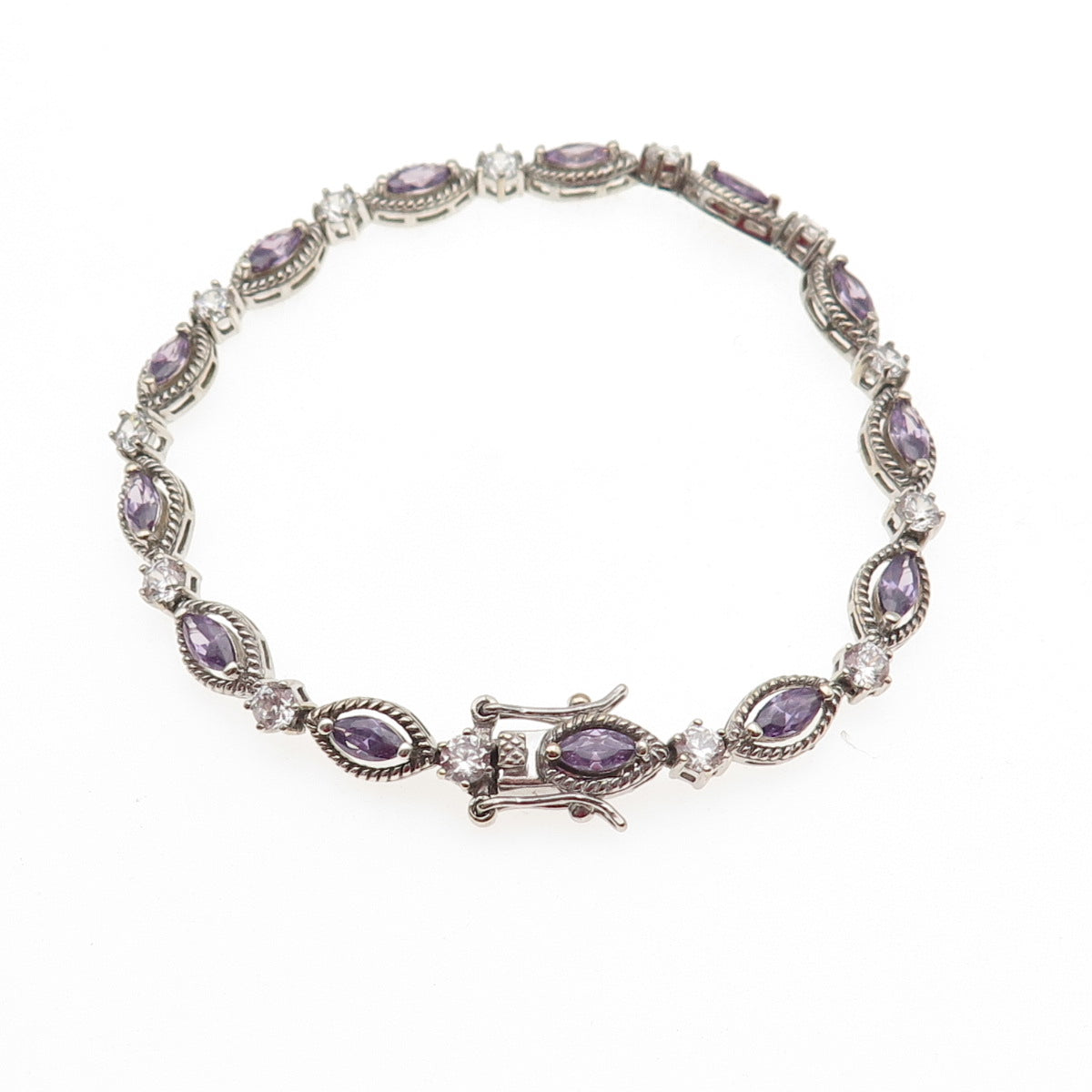 925 Sterling Silver Marquise-Cut Purple & Round-Cut White C Z Bracelet 7.25"