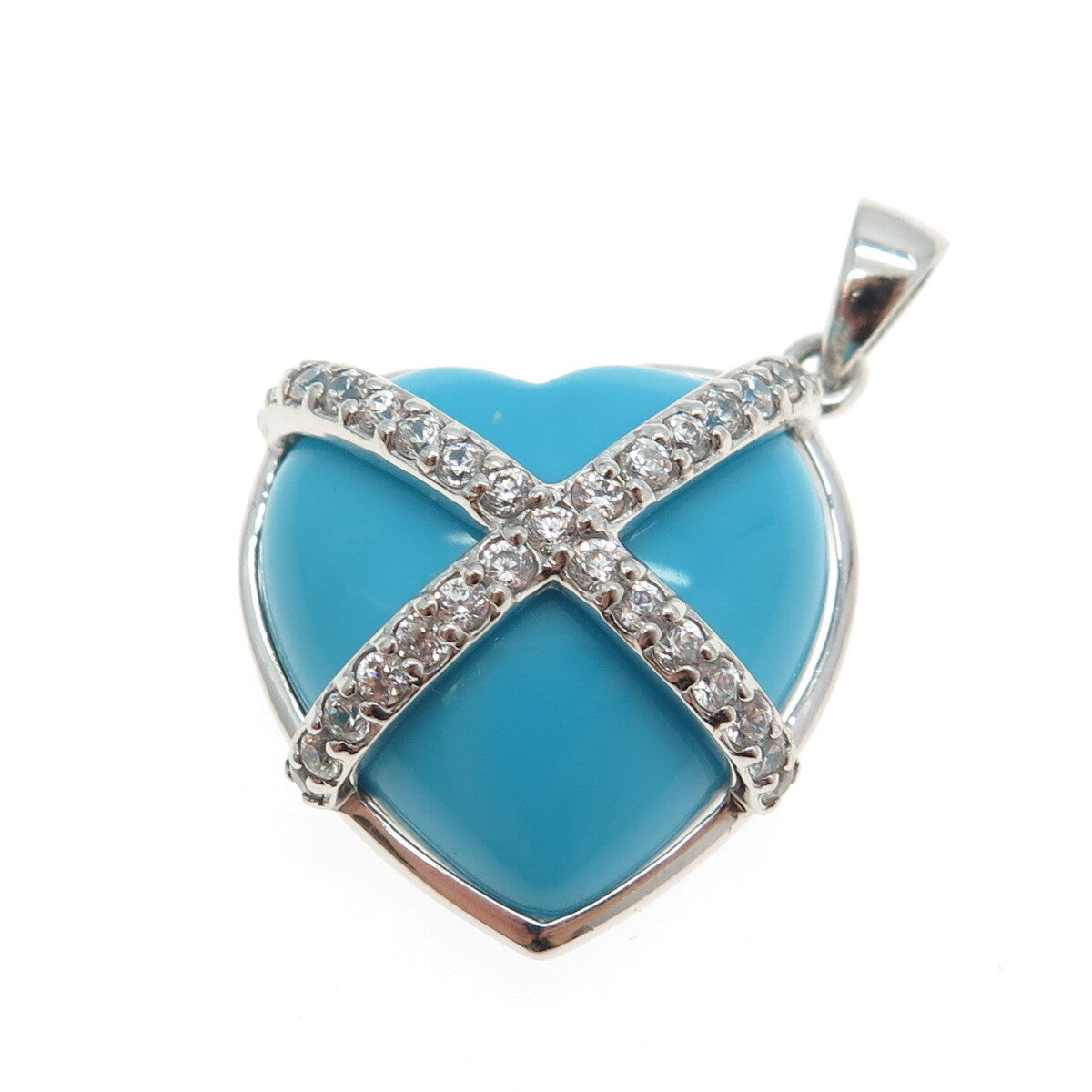 925 Sterling Silver Faux Turquoise & C Z Crisscross Heart Pendant