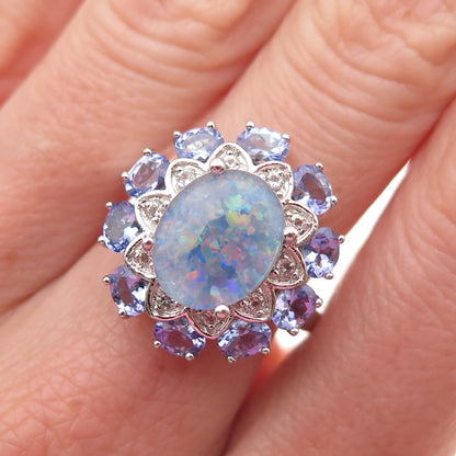 Harold Trujillo Sterling Silver Real Doublet Opal Tanzanite & Topaz Ring Size 7