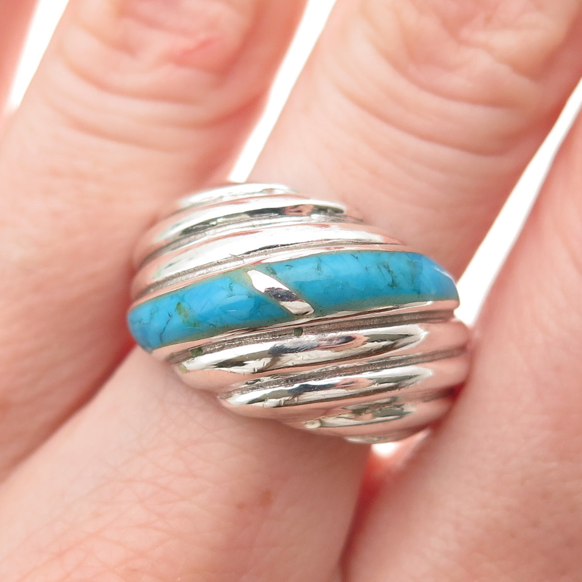925 Sterling Silver Vintage Real Turquoise Modernist Ribbed Ring Size 10.75