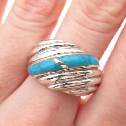 925 Sterling Silver Vintage Real Turquoise Modernist Ribbed Ring Size 10.75