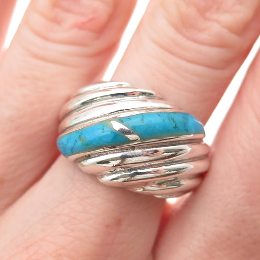 925 Sterling Silver Vintage Real Turquoise Modernist Ribbed Ring Size 10.75