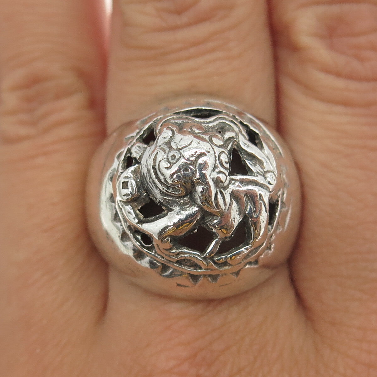 800 Silver Vintage France Chinese Foo Dog Dome Ring Size 10