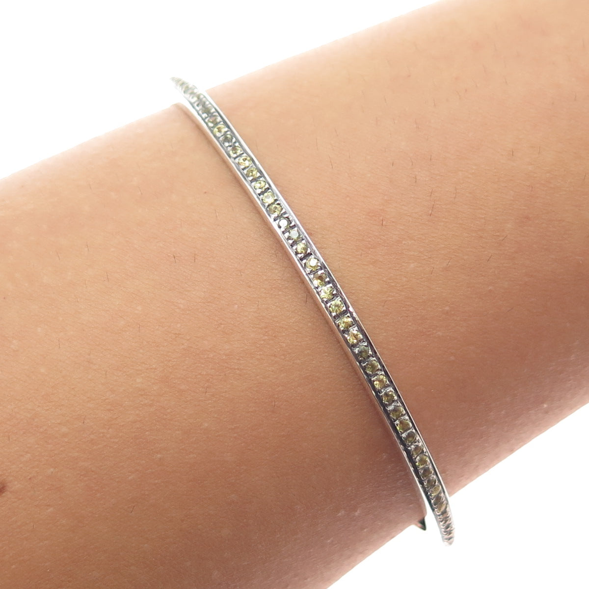 925 Sterling Silver Vintage Real Round-Cut Citrine Bangle Bracelet 8"