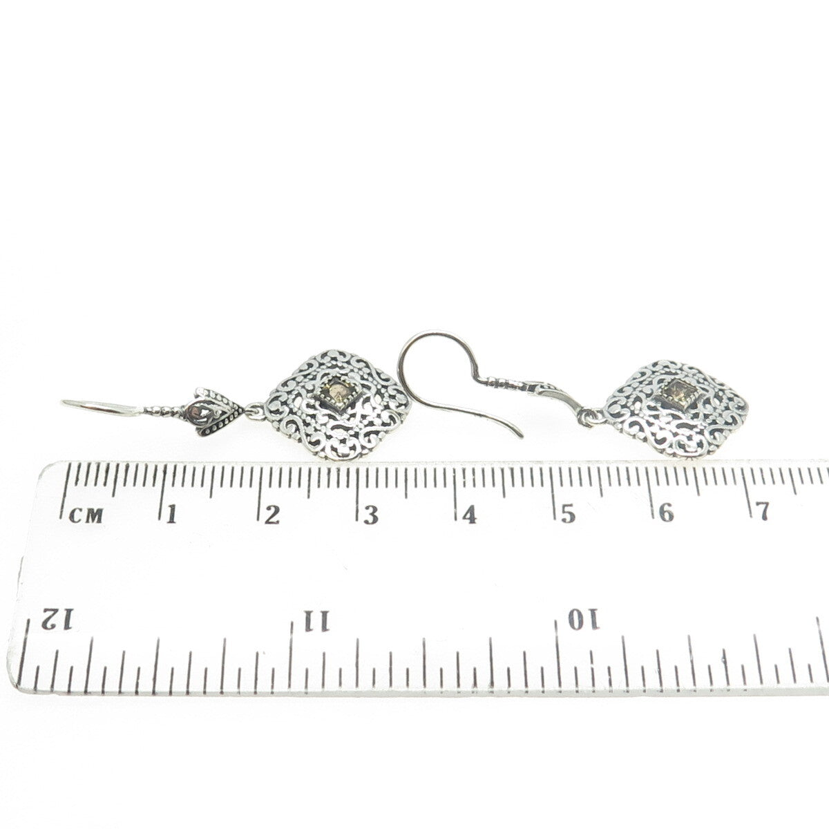 BERIA 925 Sterling Silver Princess-Cut Yellow Rhinestone Ornate Earrings