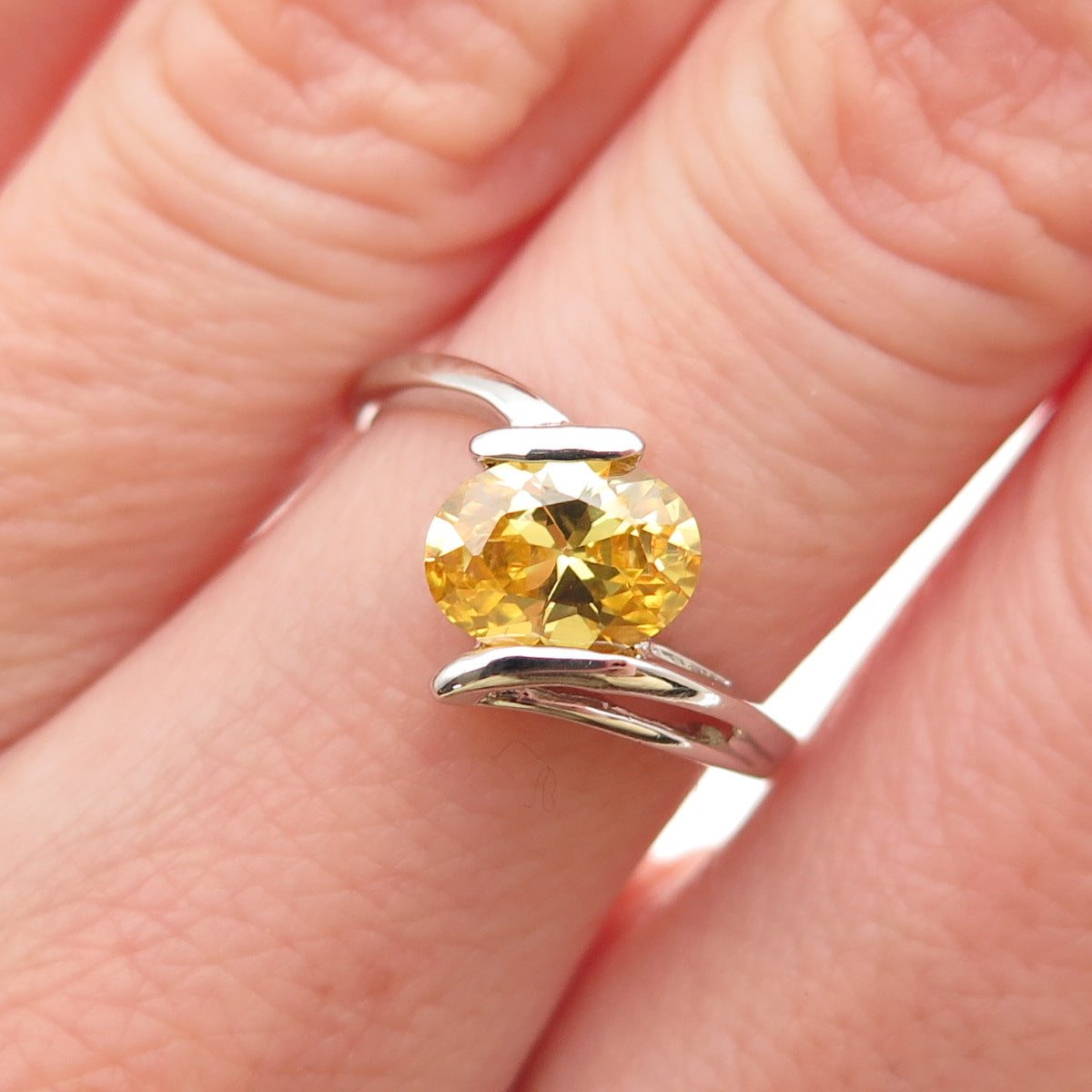 925 Sterling Silver Oval-Cut Canary C Z Bypass Ring Size 6