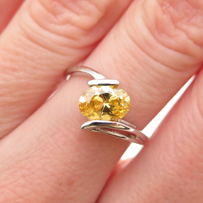 925 Sterling Silver Oval-Cut Canary C Z Bypass Ring Size 6