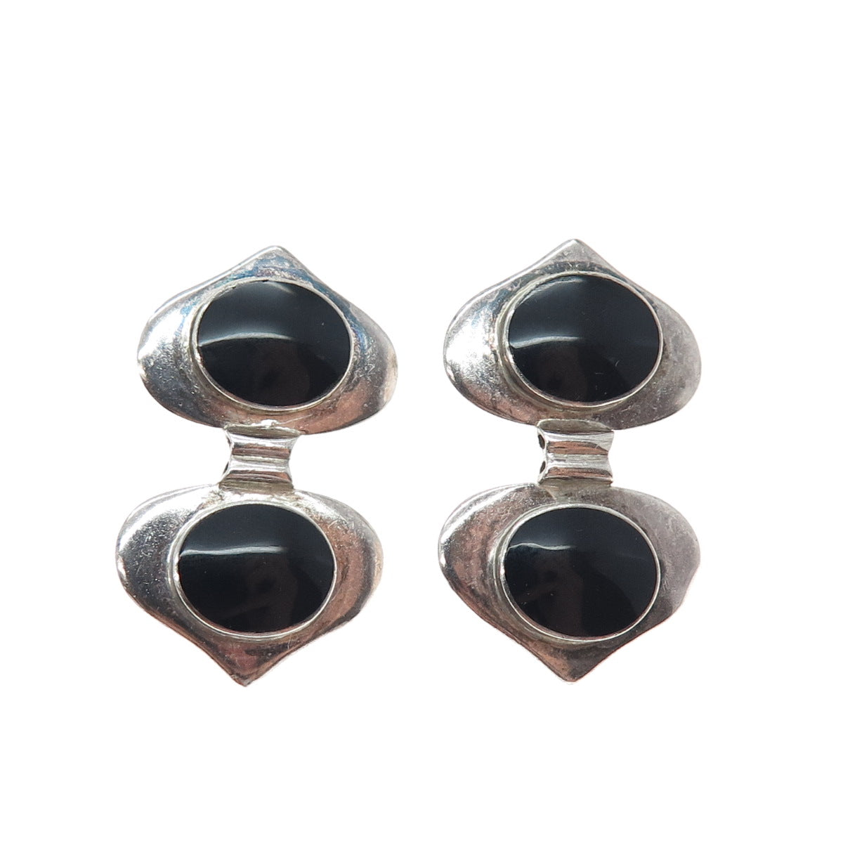 925 Sterling Silver Vintage Real Black Onyx Modernist Heart Oxidized Earrings