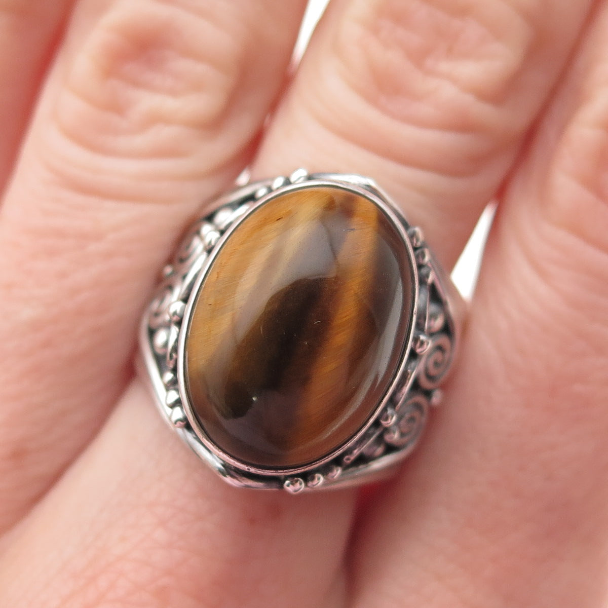 SAJEN 925 Sterling Silver Vintage Real Tiger Eye Swirl Adjustable Ring Size 8.75