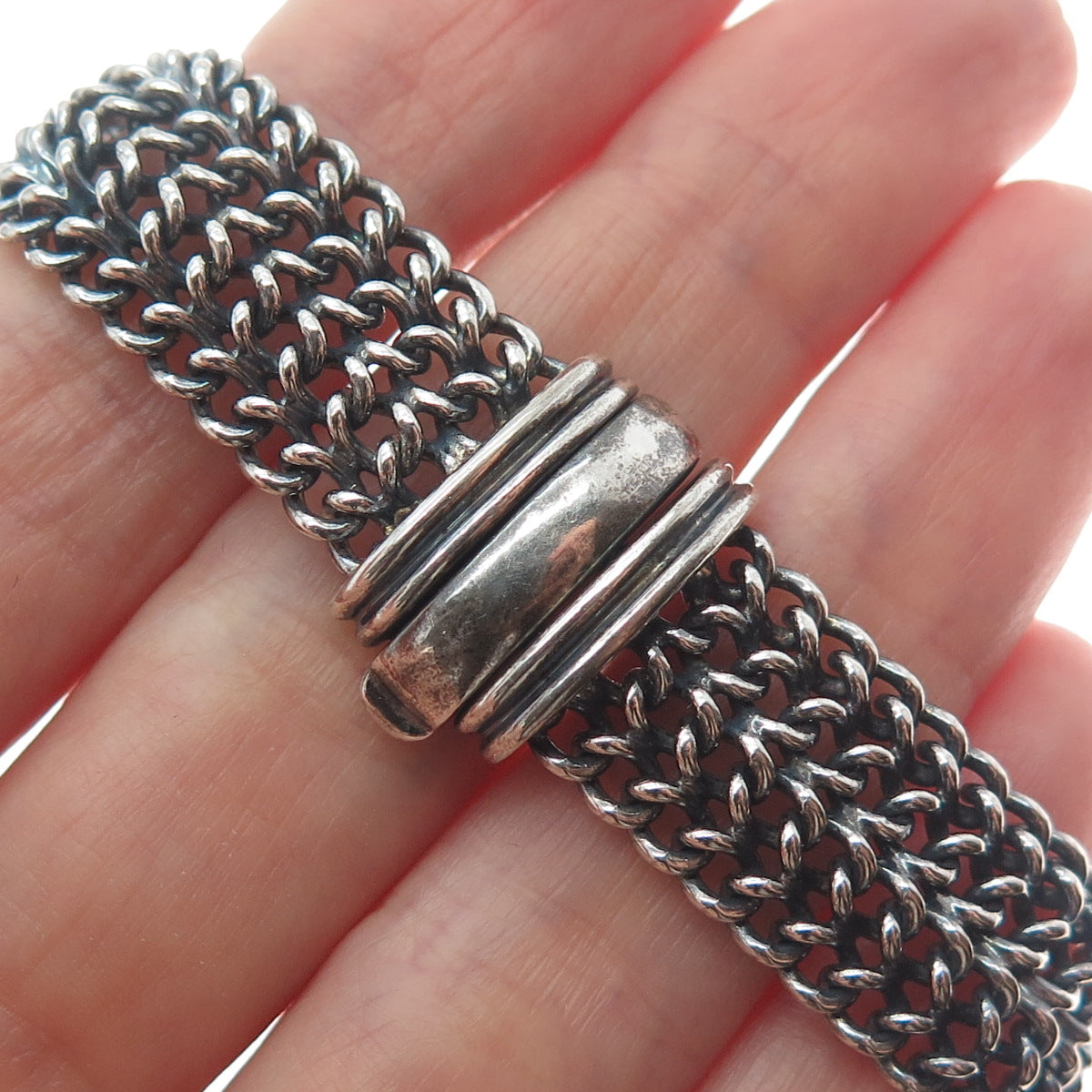 VIOR 925 Sterling Silver Vintage Italy Spine Mesh Link Oxidized Bracelet 7.25"