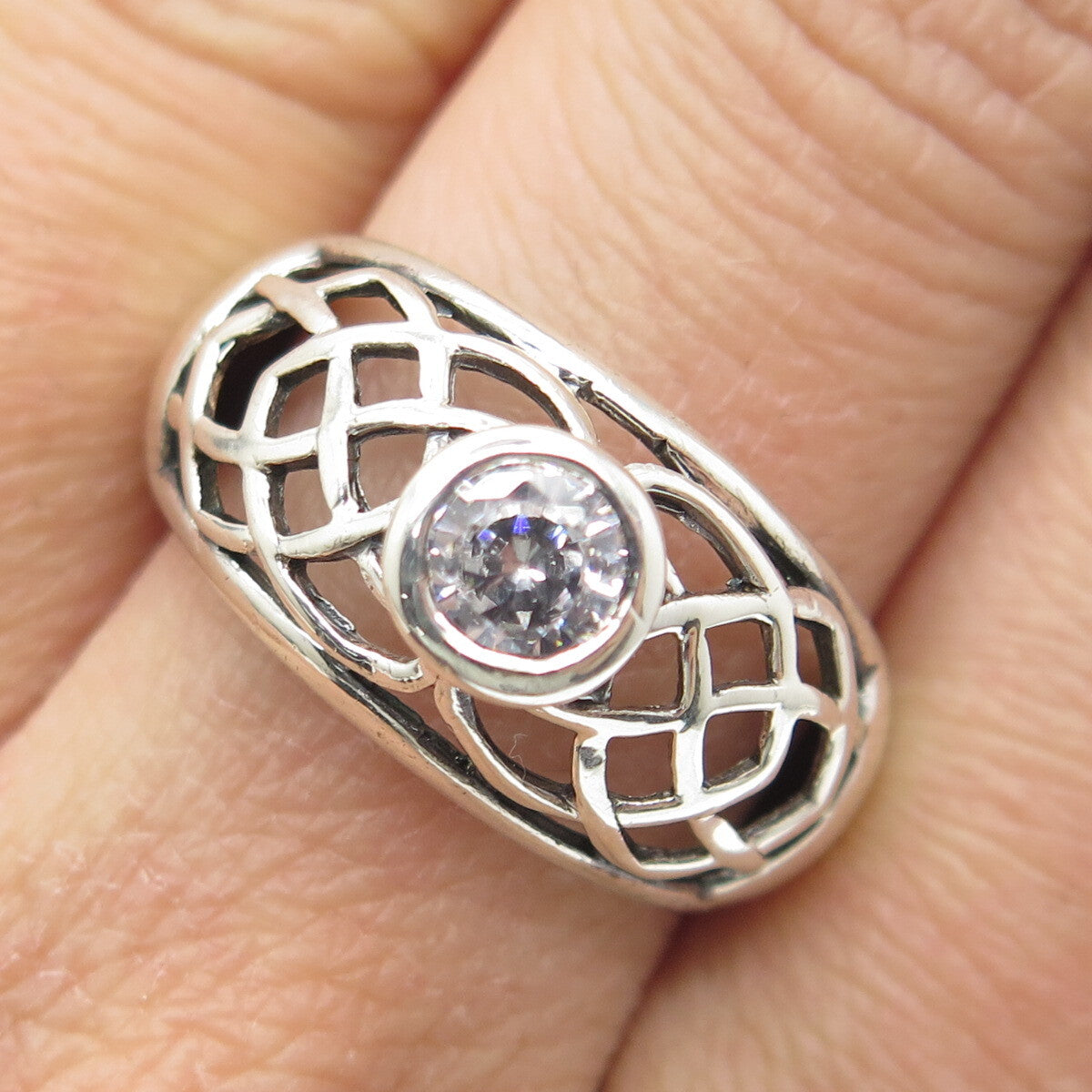 925 Sterling Silver Vintage Round-Cut C Z Woven Ring Size 8.25