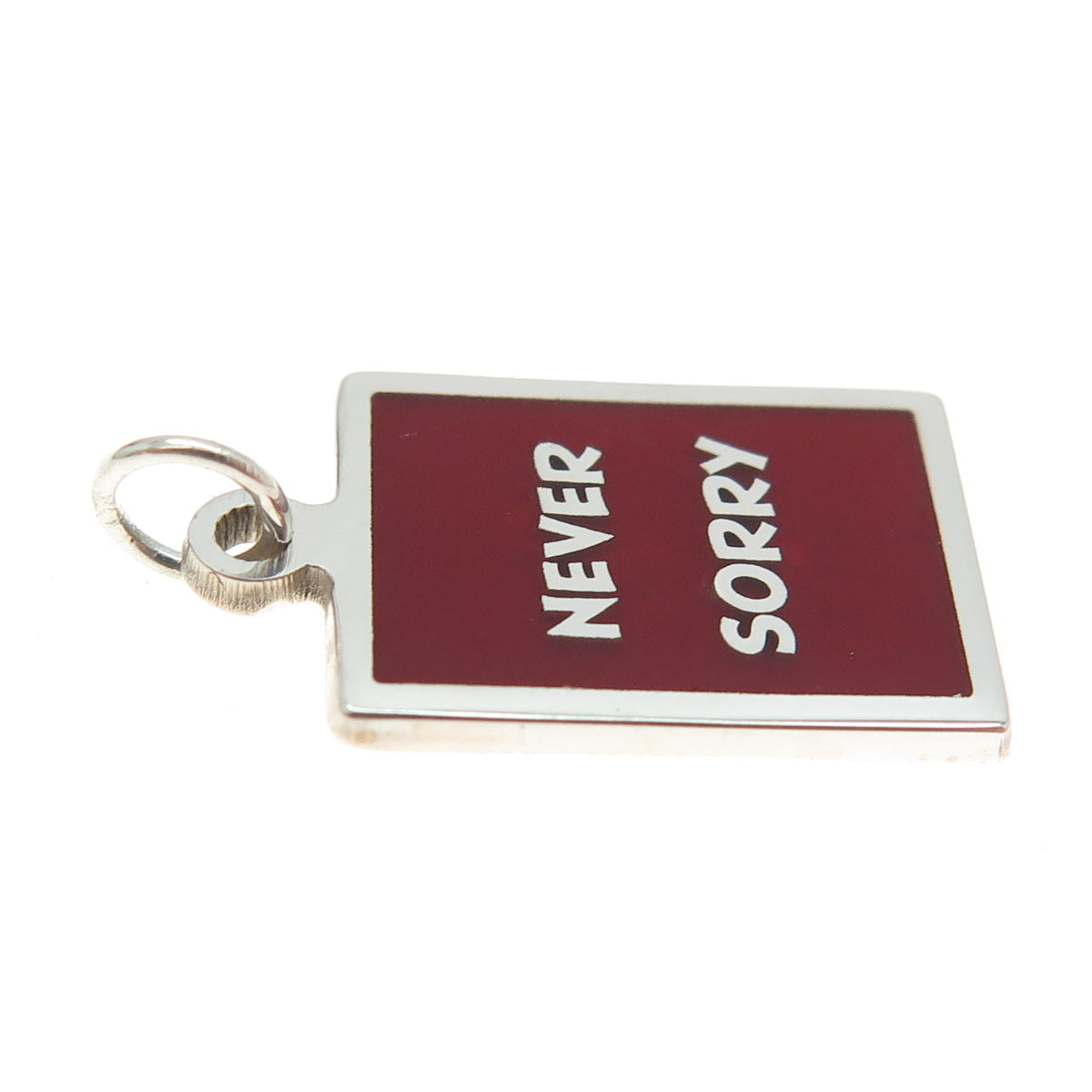 925 Sterling Silver Red Enamel "Never Sorry" Minimalist Charm Pendant