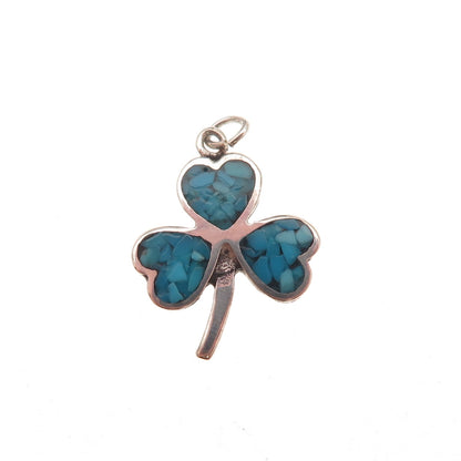 Tommy Long Navajo Old Pawn 925 Sterling Vintage Turquoise Inlay Clover Pendant