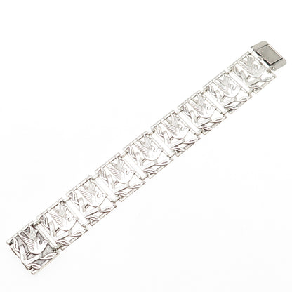 925 Sterling Silver Antique Art Deco Dove Peace Bird Panel Link Bracelet 6.5"