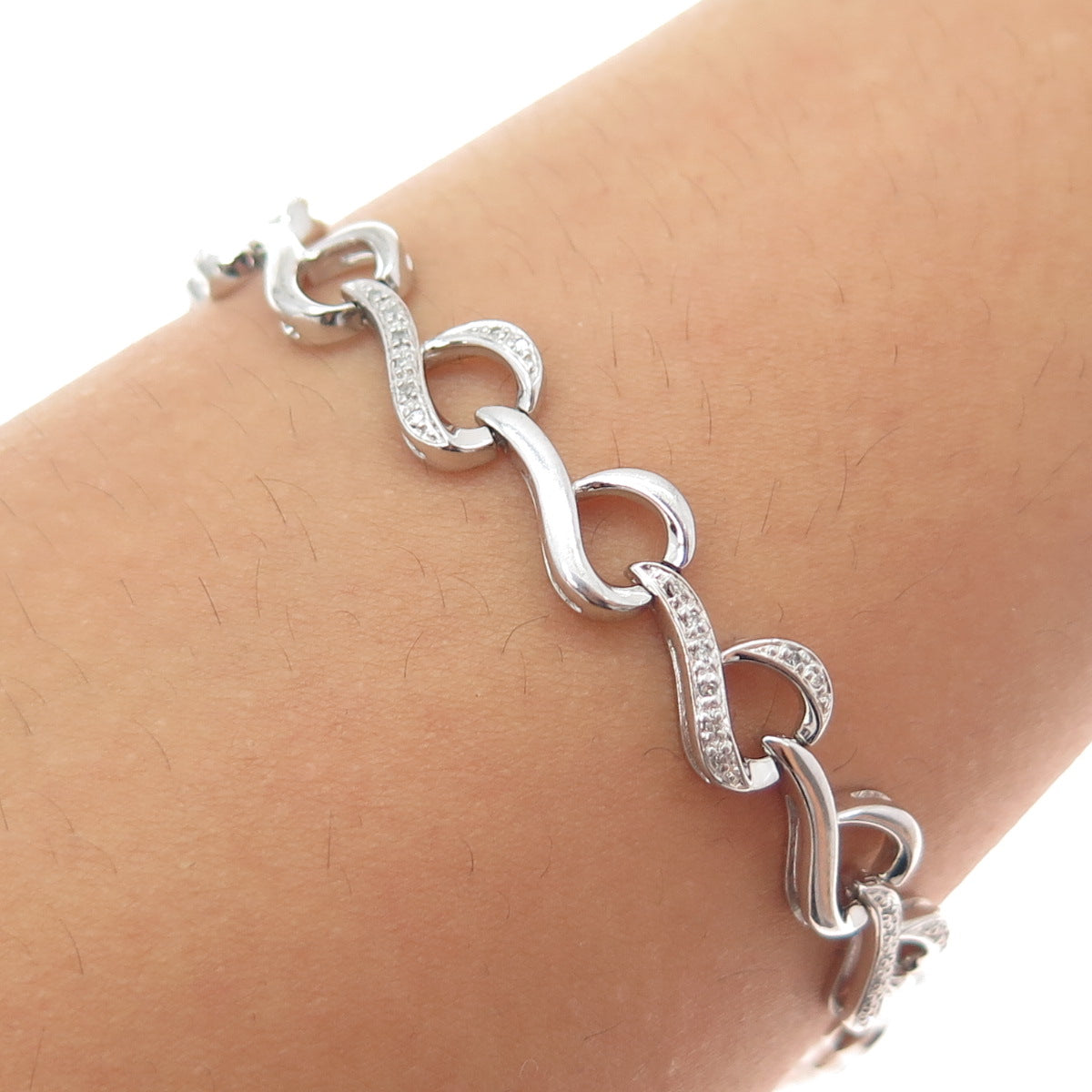 SUN 925 Sterling Silver Real Round-Cut Diamond Heart Link Bracelet 7"