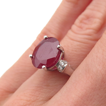 925 Sterling Silver Real Oval-Cut Ruby & Round-Cut White Topaz Ring Size 6