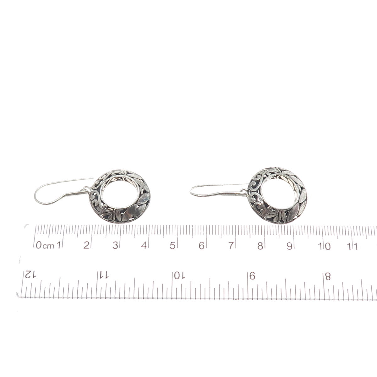 925 Sterling Silver Vintage Floral Ornate Circle Dangle Earrings