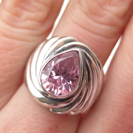925 Sterling Silver Vintage Pear-Cut Pink C Z Modernist Oxidized Ring Size 6.5