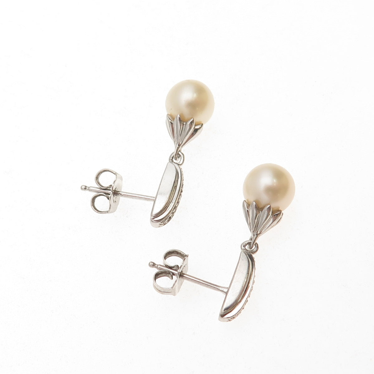 925 Sterling Silver Real Round-Cut Diamond & Pearl Dangle Earrings