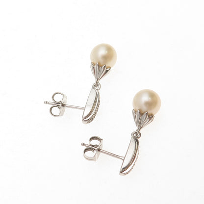 925 Sterling Silver Real Round-Cut Diamond & Pearl Dangle Earrings