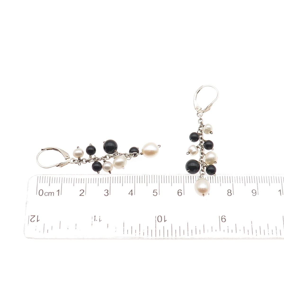 925 Sterling Silver Vintage Real Pearl & Black Onyx Ball Beads Dangle Earrings